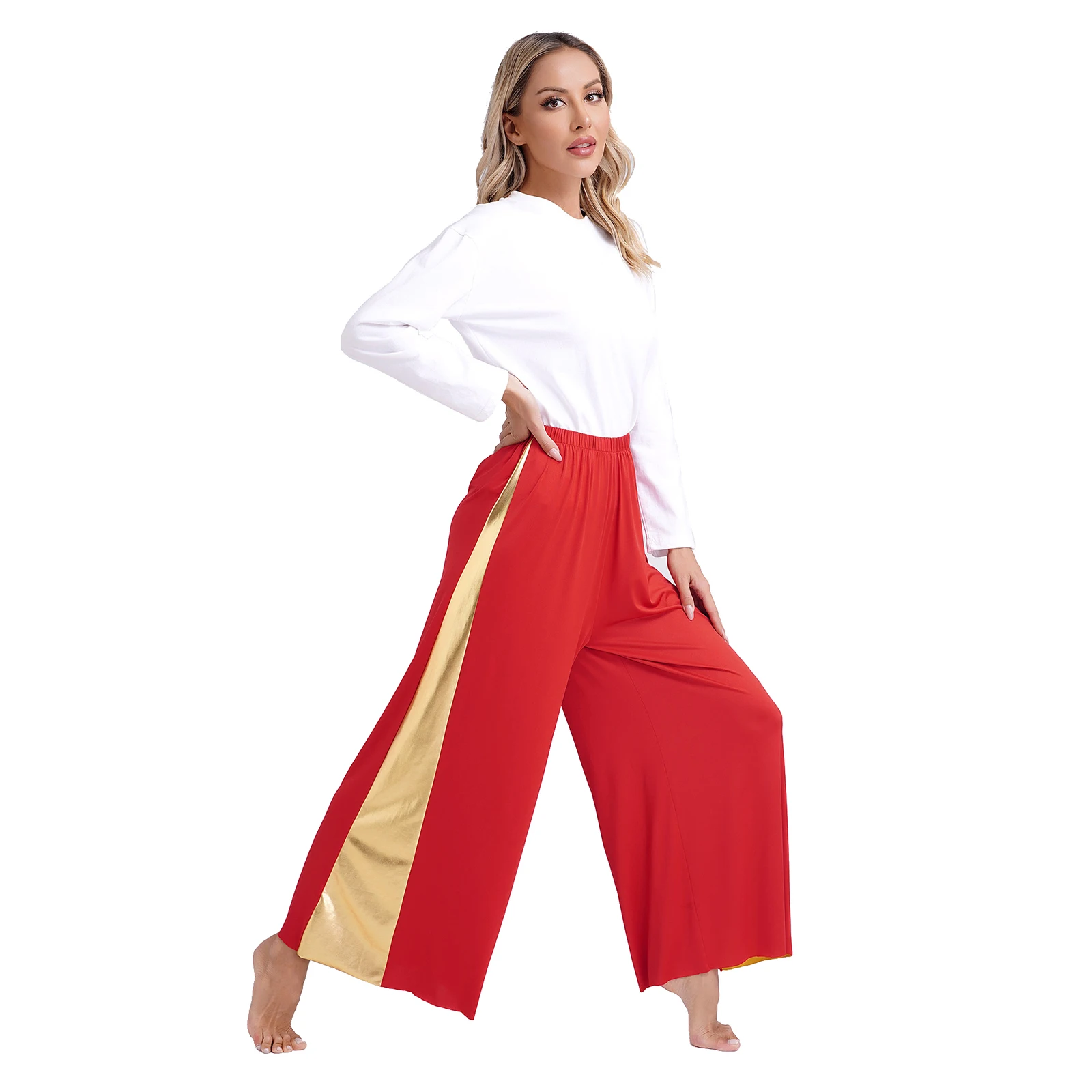 Womens Metallic Dance Loose Pants High Waist Elastic Waistband Wide-Leg Trousers for Liturgical Dance Ceremony Stage Performance