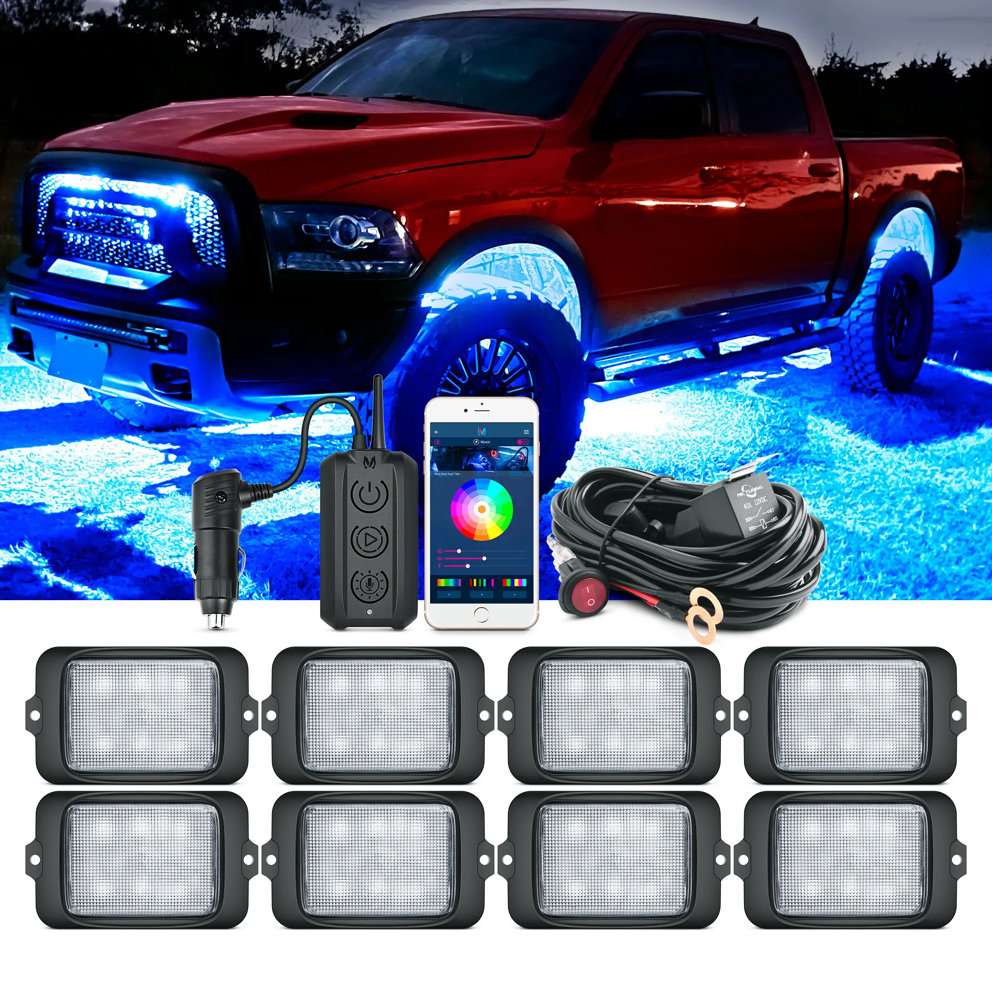 MICTUNING C3 RGBW LED Rock Lights - 8 Pods Multi-Color Neon Underglow Lights, Bluetooth APP & Wireless Control Box for Car Truck