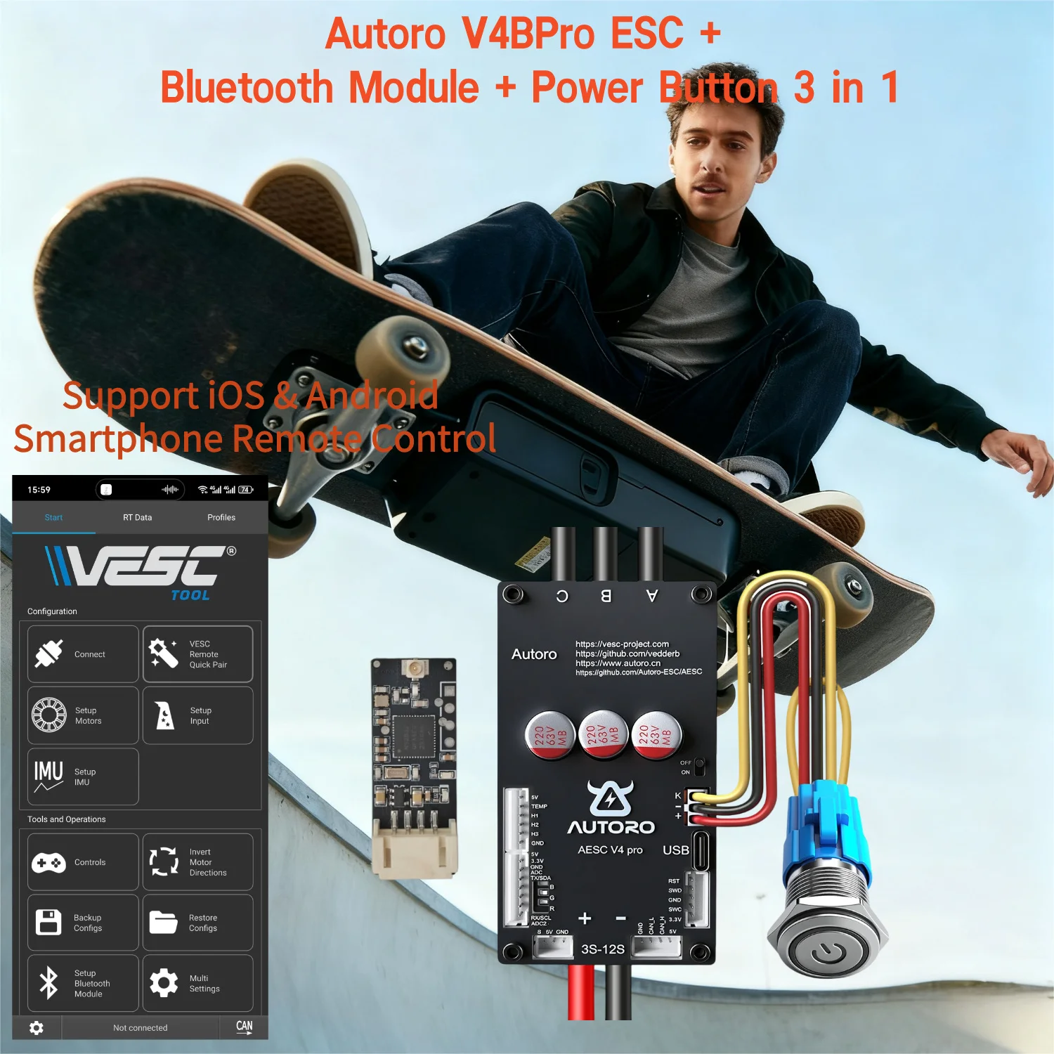 Autoro ESC V4BPRO ث/وحدة بلوتوث BLDC FOC وحدة تحكم المحرك 12S 80A سباركليس VESC لتقوم بها بنفسك لوح التزلج الكهربائي سكوتر روبوت