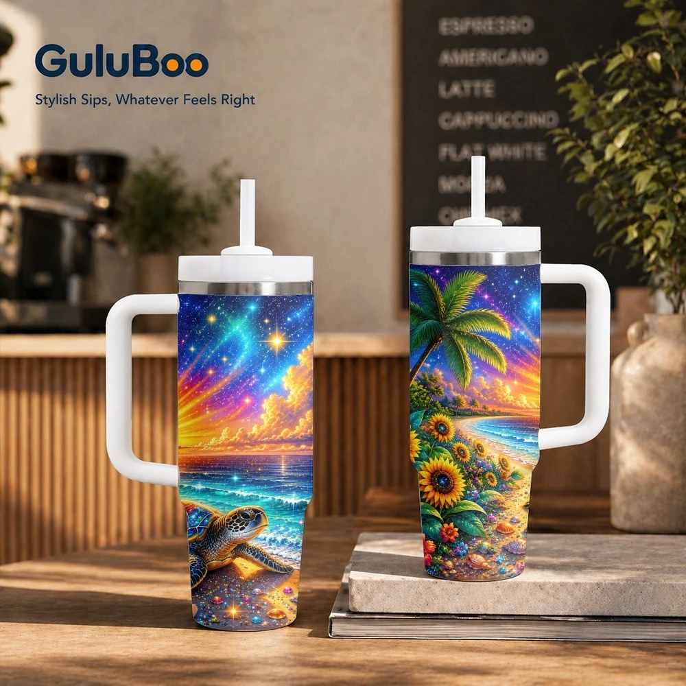 Magical Sea Turtle Beach Vacuum Flasks 40oz Stainless Steel Insulated Tumbler with Handle & Straw Leakproof Travel Mug
