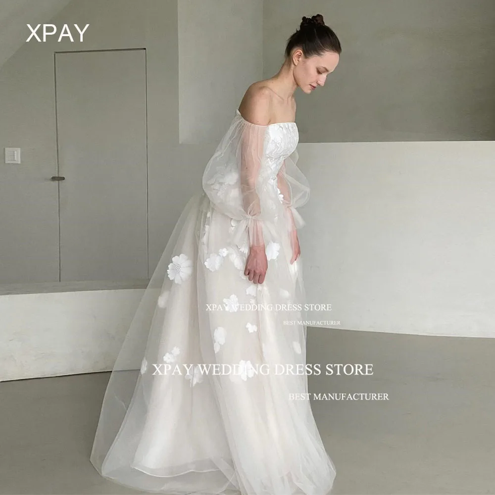 Xpay ชุดแต่งงานเจ้าสาวสไตล์เกาหลีลูกไม้ลาย3D สง่างามชุดราตรีชุดเจ้าสาวแขนยาวแขนพองสำหรับถ่ายภาพปิดไหล่สำหรับงานปาร์ตี้ในสวน