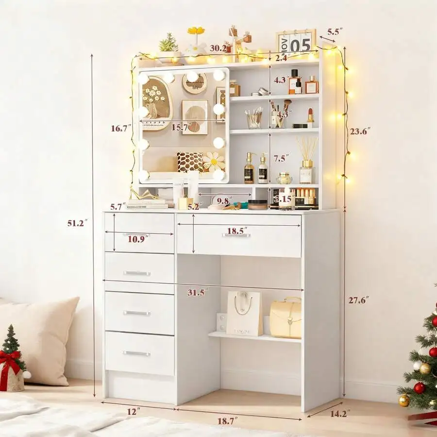 Furniture Gifts Vanity Set With Led Lights Makeup Desk Dressing Dresser Desk Table With 5 Drawer