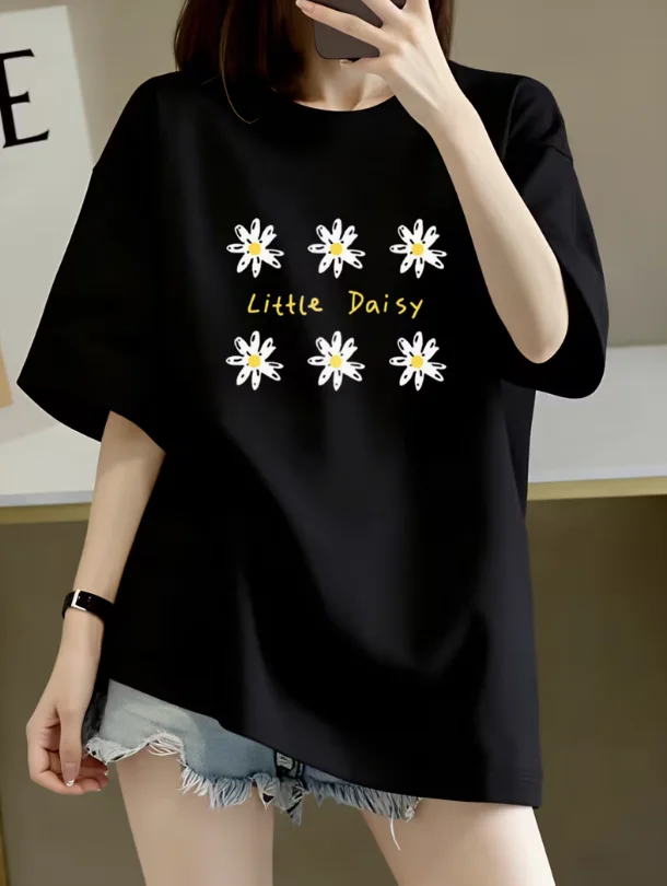 Black Daisy Print Short Sleeve T-shirt Versatile Crew Neck Tee Casual Korean Style Floral Top Retro Y2K Tee for Women Girl