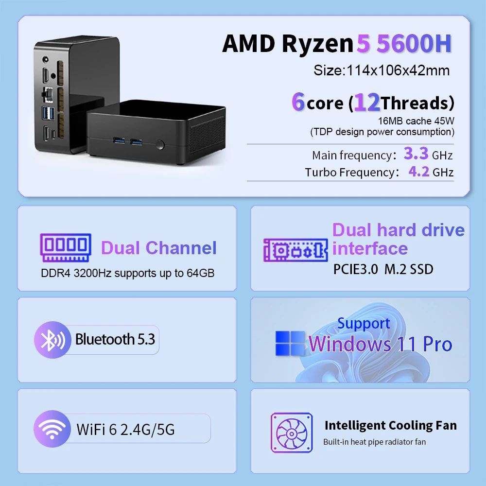 Bestoss Mini PC AMD Ryzen 5 5600H 5625U Max Turbo 4,2 GHz Windows 11 Pro 4K 60Hz 3200Mhz RAM NVME3.0 WIFI6 PC para juegos de ordenador
