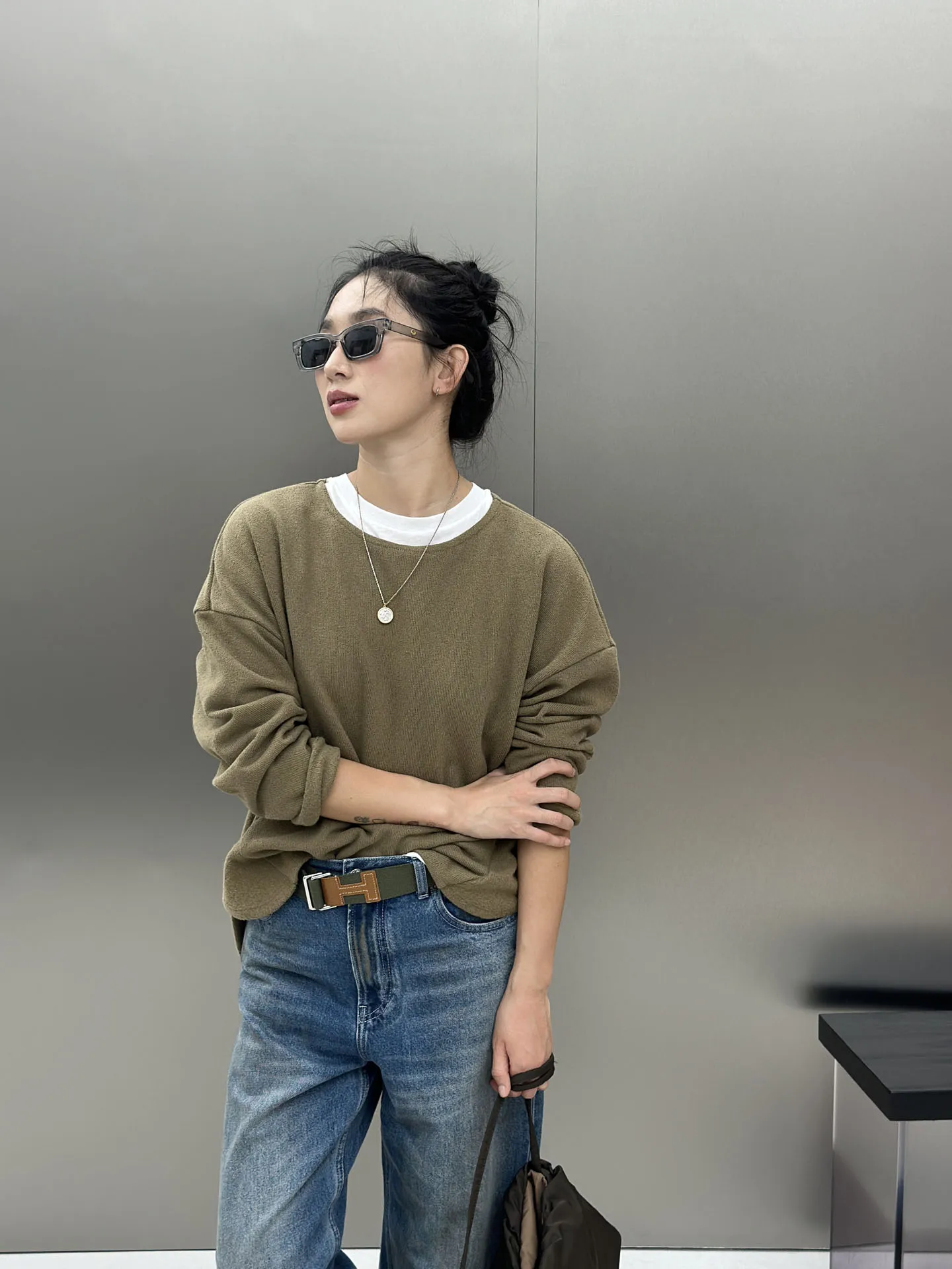 

Bodhl Women's Casual Sle Sweatirt Ba Bule Salt Sinkage Side Cut Loose Fit Long Sve round Ne T-irt Cotton