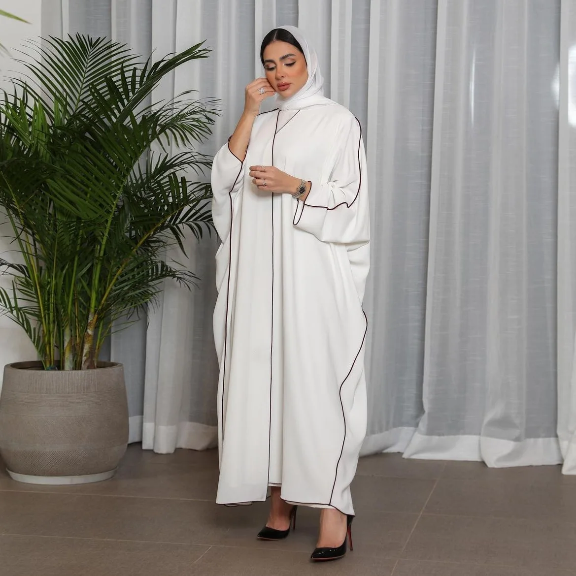 Modest Kimono Abaya White Middle Eastern Muslim Dubai Cardigan Robe for Women Contrast Patchwork Trim Islamic Clothing Eid New