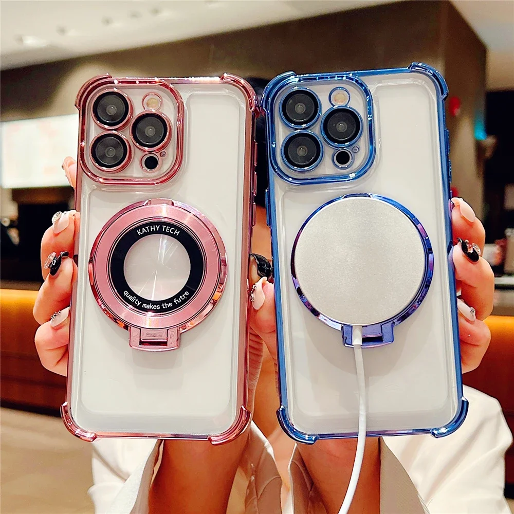 

For iPhone 15 Pro Max Luxury Plating Frame Magsafe Magnetic Stand Phone Case For iPhone 11 12 13 14 15Plus Lens Protective Cover