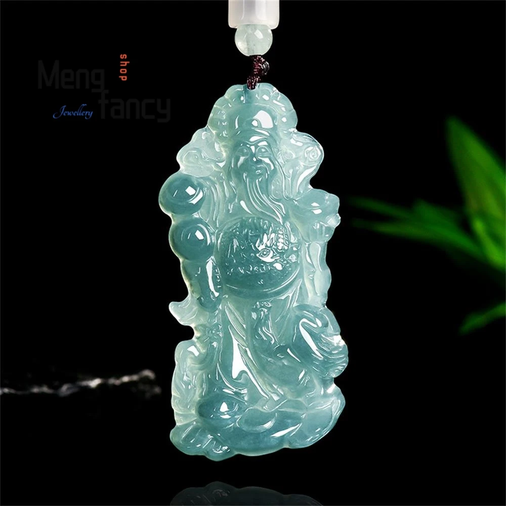 

Genuine Natural A-grade Jadeite Blue Water Welcomes the God of Fortune and Wealth Good Fortune Wealth Pendant High-grade Jewelry
