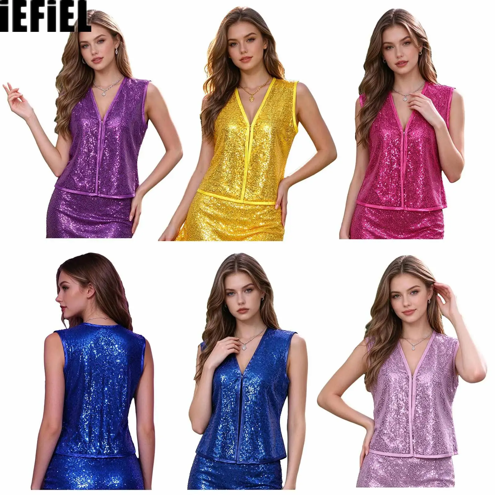 Women Sparkly Sequin Dance Vest V-neck Sleeveless Top for Stage Performance Party Club Concert Music Festival
