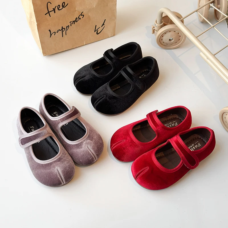 Tabi Split Toe Design Purple Velvet Shoes Kid Girl Vintage Black Velour Ballet Flats Baby Child Soft Sole Round Toe Mary Janes