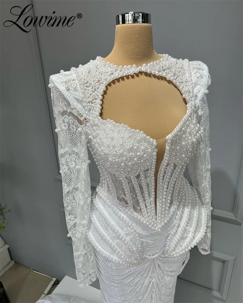 2024 Elegant White Lace Evening Dress Long Sleeve Mermaid Prom Gowns Pearls Beading Tassel Formal Party Second Reception Dresses