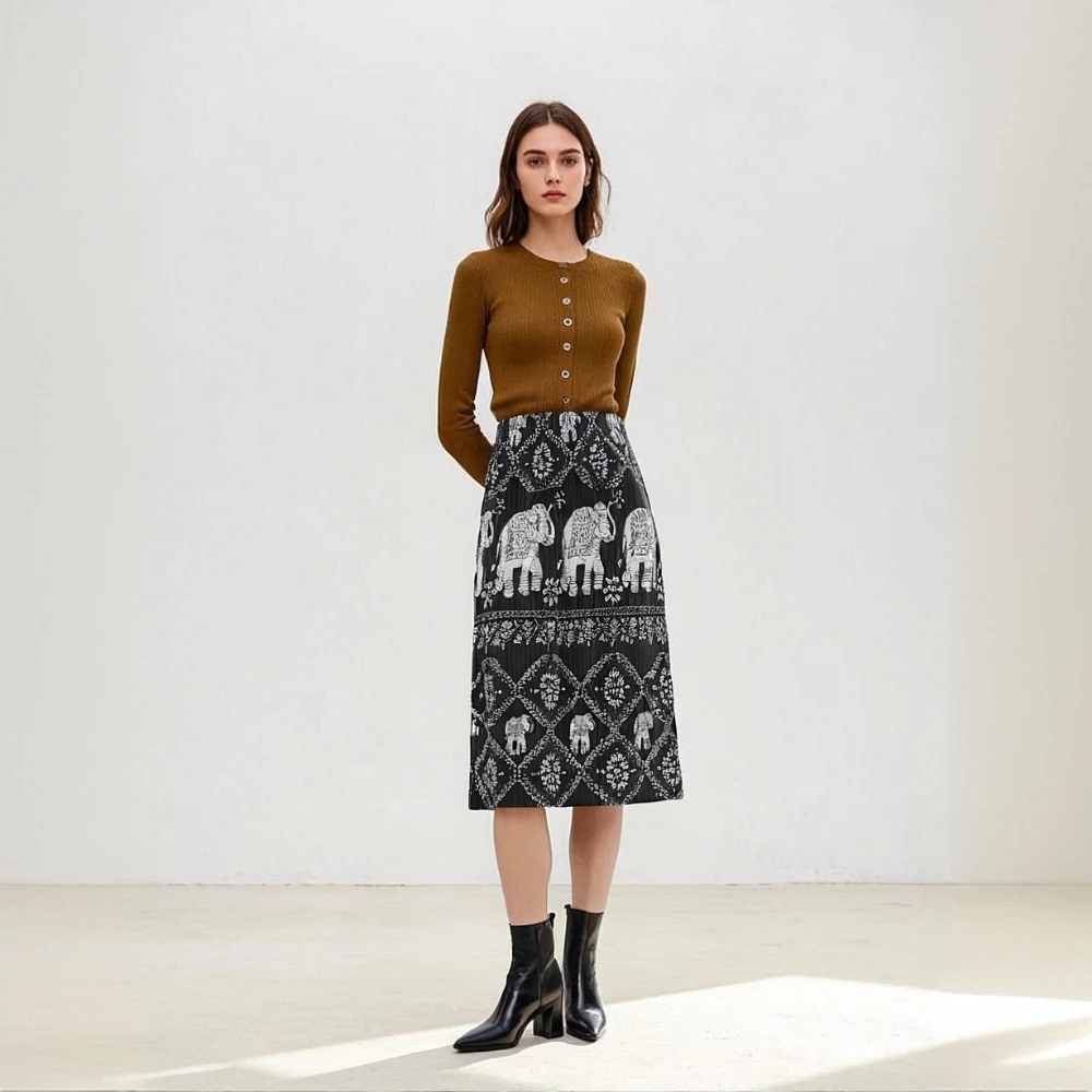 

Miyake Pleated Skirt for Women, Spring and Summer Retro 2025 New Style, Elastic Waist Pocket Printed Loose Straight Tube Skirt