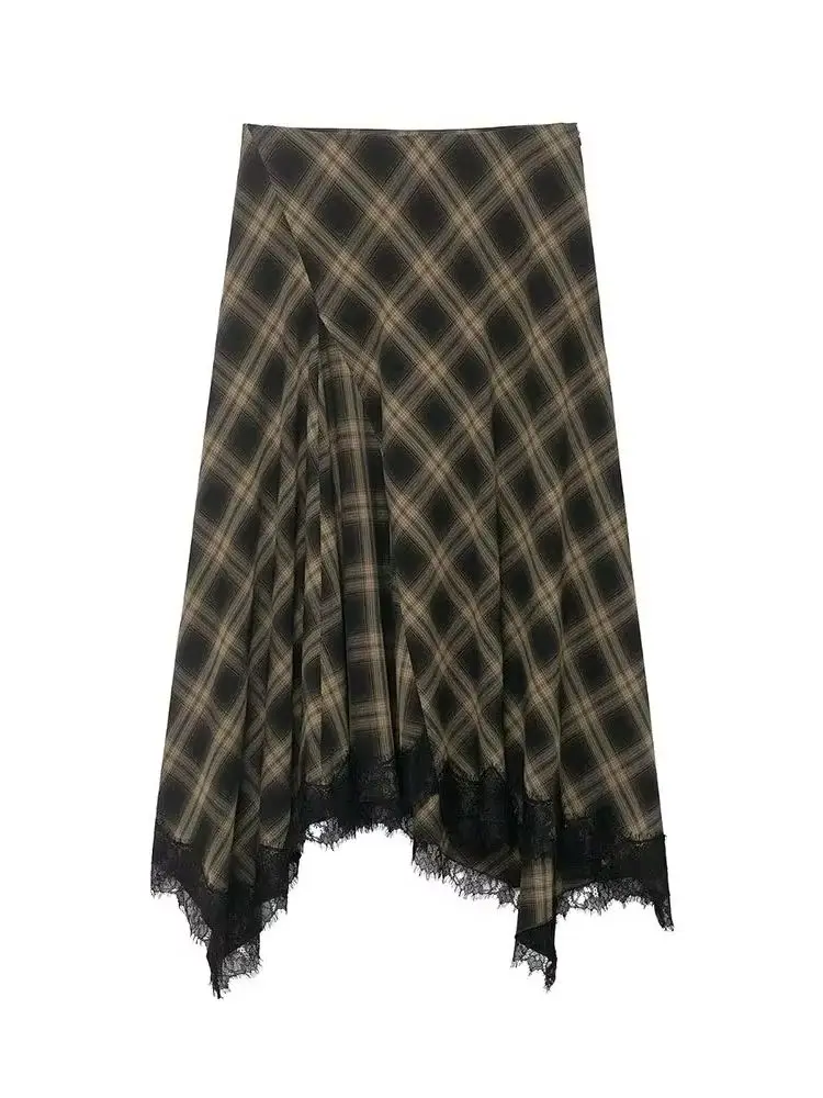 HH Women's Fashion Versatile Limited Edition Plaid Lace Decorated Skirt Female High Waist Temperament Asymmetric Hem Skirt Mujer