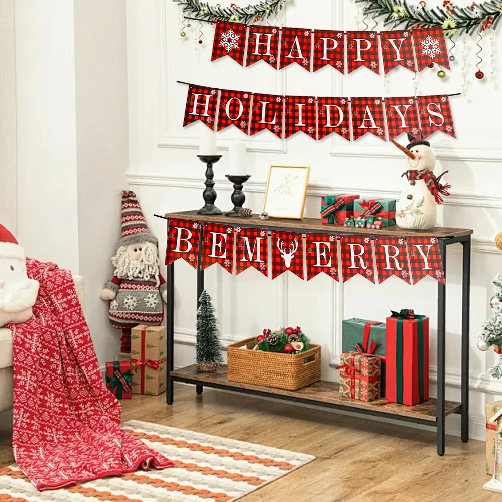 Christmas Red and Black Plaid Banner Cardboard Snowflake Elk Alphabet Pull Banners New Year Parties Home DIY Decoration Supplies