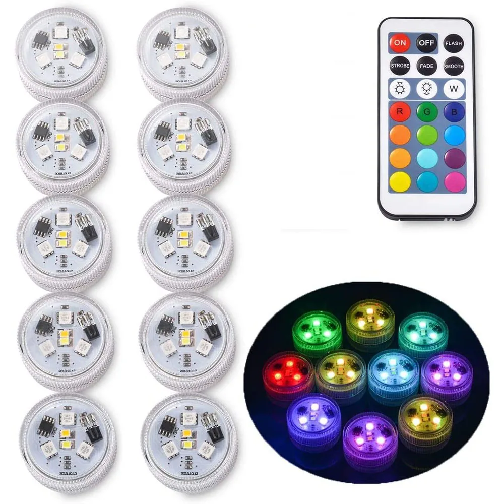 10 Uds Mini luces LED sumergibles con Control remoto luces de té pequeñas luces subacuáticas luz para jarrón de fiesta Fishtank bañera de hidromasaje