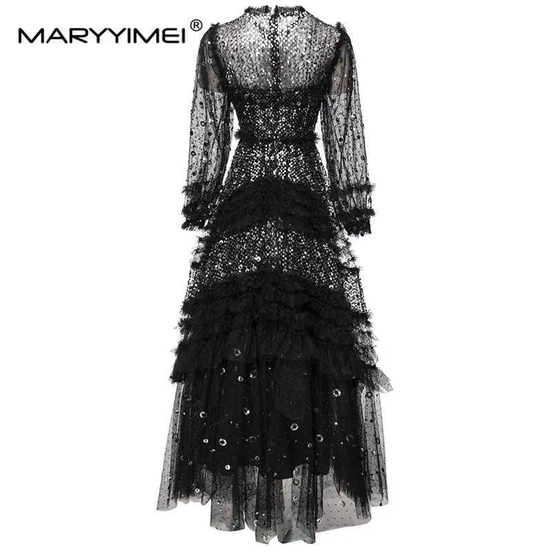 MARYYIMEI Fashion Autumn Women's Ball Gown dress Long sleeved Shiny sequins Wood ear edge Mesh Elegant Party luxurious Dresses