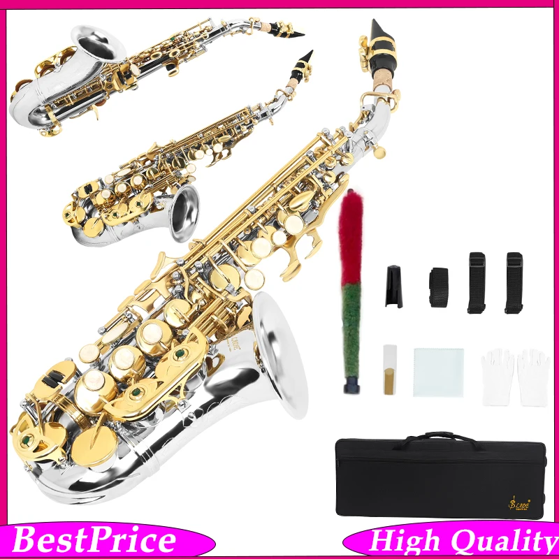 SLADE Soprano Saxophone Bb Curved Nickel-Plated Brass Gold Keys Engraved Bell Complete Set with Case for Beginner Musicians