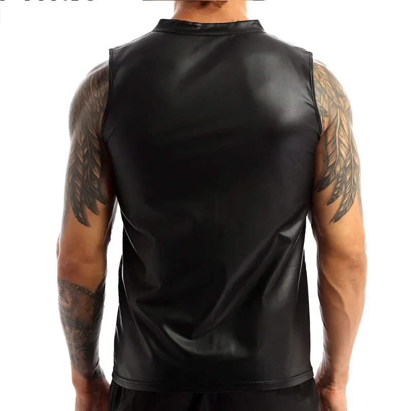 Chaleco de piel sintética de látex para hombre, camiseta sin mangas con cremallera frontal, Top abierto de PU, nuevo, informal, entretenimiento, verano, personalizado, negro mate