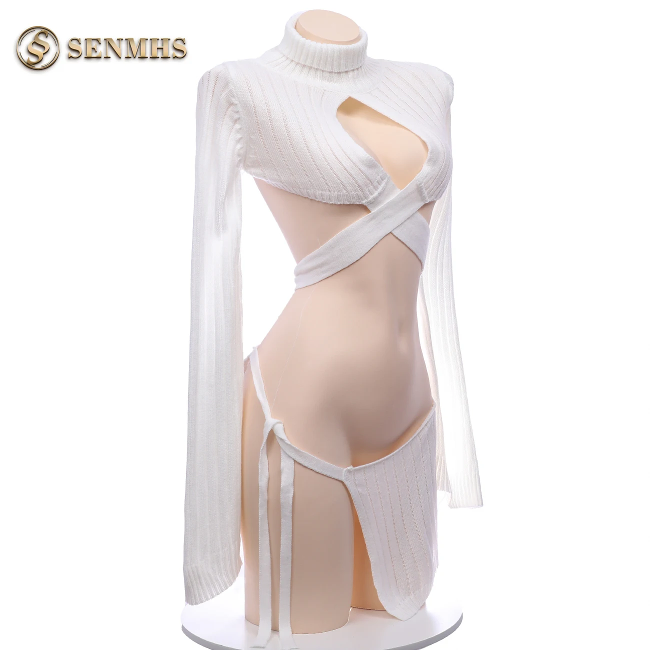 SENMHS Japanese Hollow Out Sweater Student Sexy Lingerie Pajamas Cosplay Girls Lovely Bowknot Bra And Skirt Set For Women White