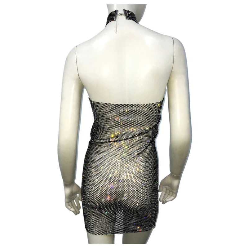 Glitzerndes Kristall-Netzkleid mit Strass für Damen, Neckholder-Minikleid aus transparentem Mesh, figurbetontes Party- und Clubkleid, Geburtstagsgeschenk für Damen – Detail 7