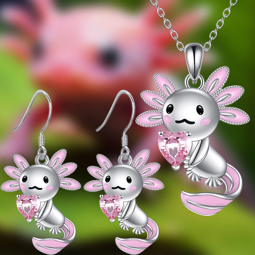 Pink Axolotl Jewelry Set - Zircon Necklace & Earrings, Kawaii Gift for Girls' Celebrations