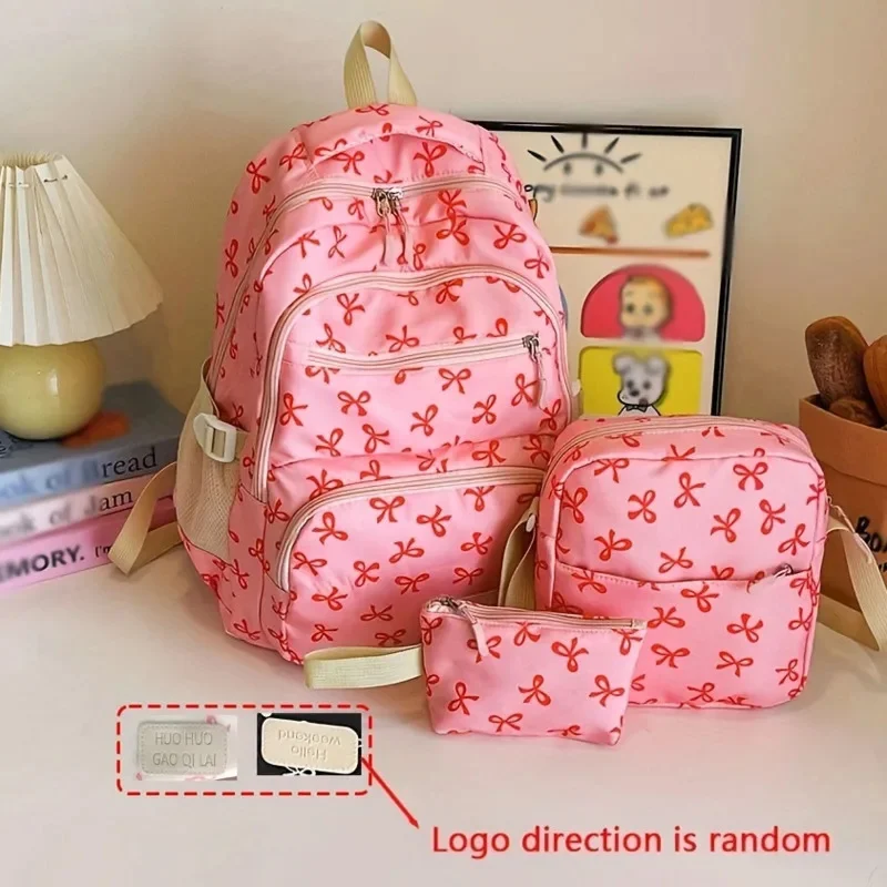 

Bow Print Cute 3 Piece Computer Backpacks Set Travel Nylon School Bag With High Capacity Adjustable Strap Women Laptop Backpacks