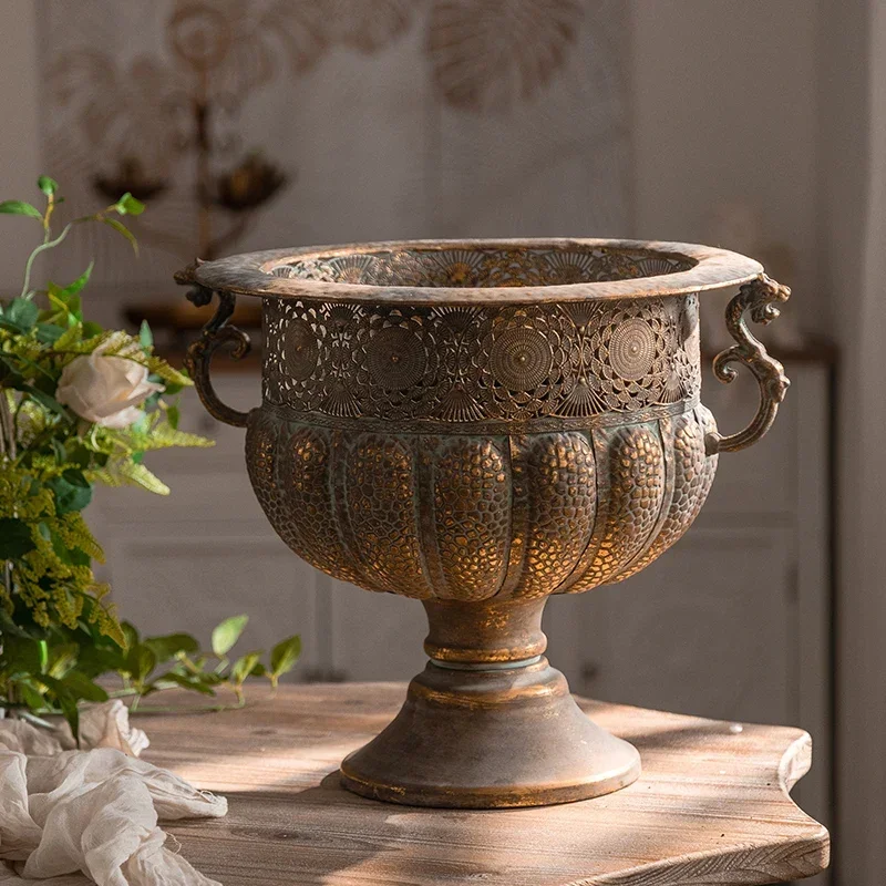 Vintage Bronze Iron Decorative Urn | Large Hollow-Out Metal Planter | European Style Garden Vase, Big