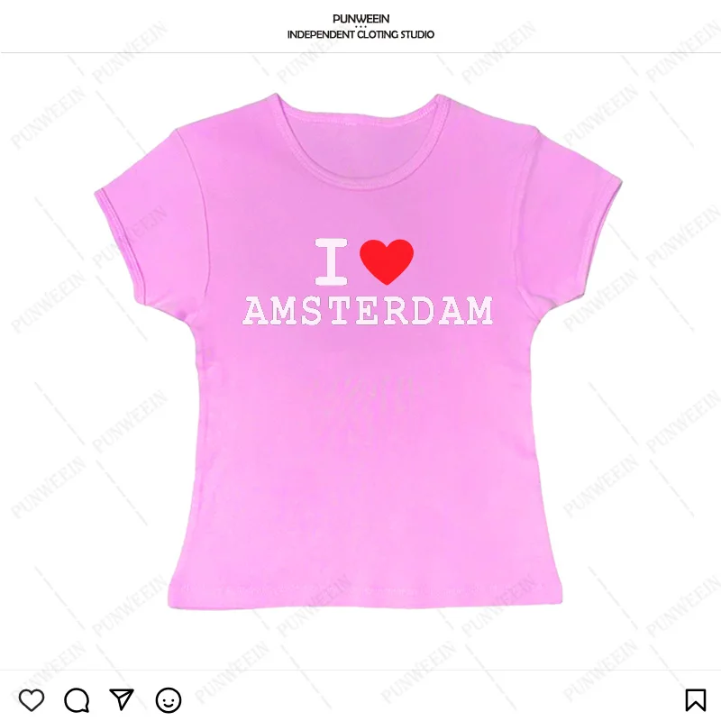 I Love Amsterdam Print Crop tops Women Casual Short Sleeve T-shirt Funny US Streetwear Sexy Baby Tees 2000s Vintage Girls Tops