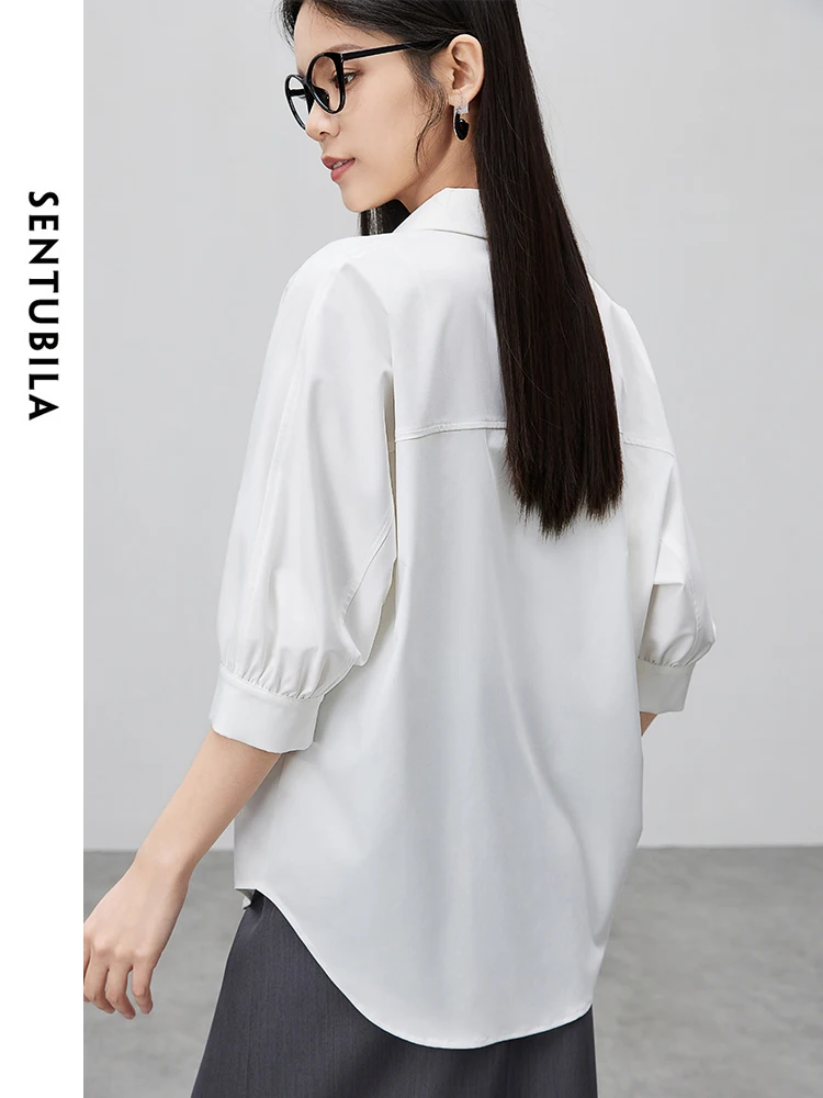 SENTUBILA Polo Collar Three Quarter Sleeve Woman Shirt 2024 Summer New Loose Commuter Professional Button Up Blouse 142C54547