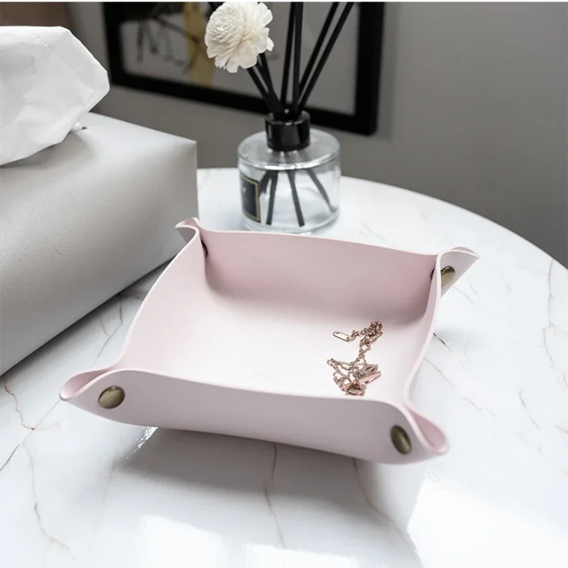 Nordic Leather Storage Box Deskto Jewelry Cosmetic Key Storage Basket Folding Storage Case Table Organizer