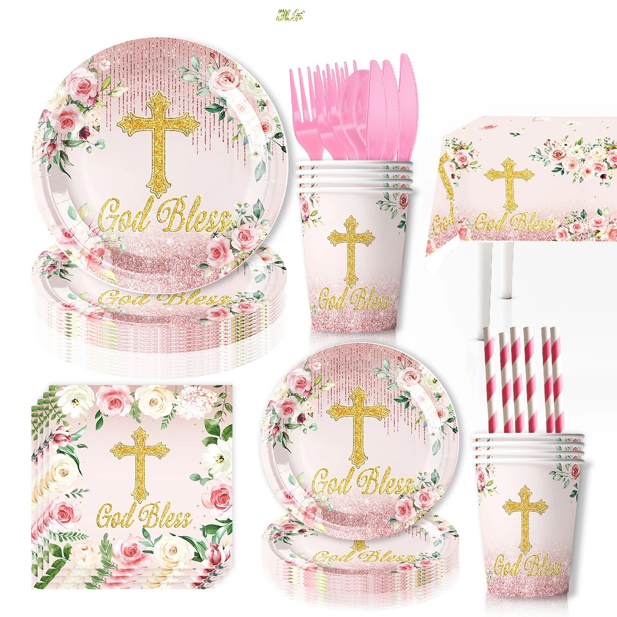 God Bless Pink Cross Flowers Newborn Baptism First Communion Flower Party Celebration Baby Shower Religious Tableware Supplies