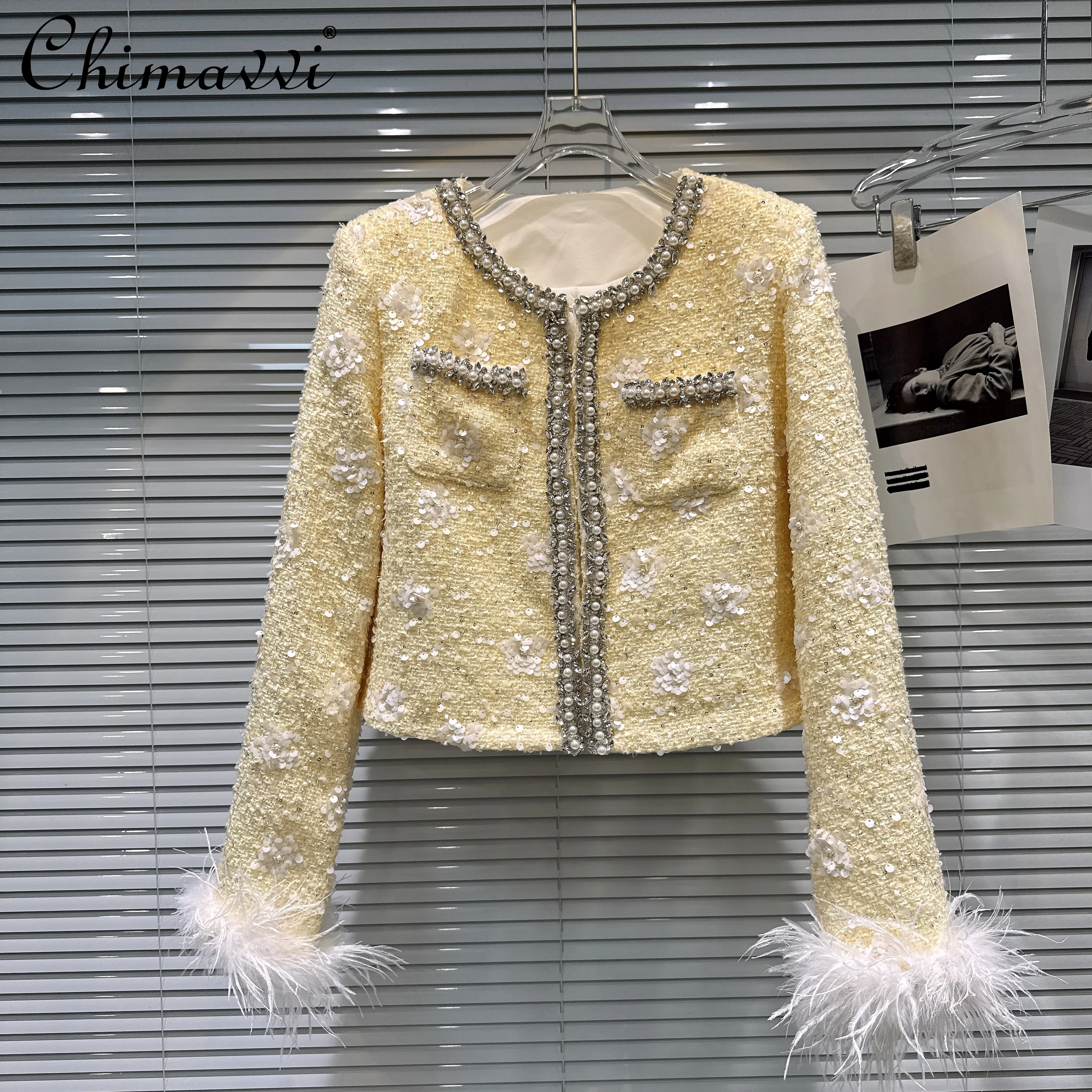 

French Elegant Fashion Socialite Pearl Diamond Round Neck Feather Sleeve Slim Fit Tweed Quilted Short Coats Jackets Women Winter