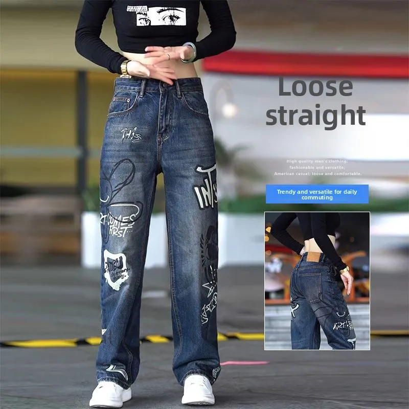 Fashion 2026 Graffiti Hand-painted Hiphop Jeans Men's Ruffian Handsome Design Sense Straight High Street Loose Wide-leg Pants