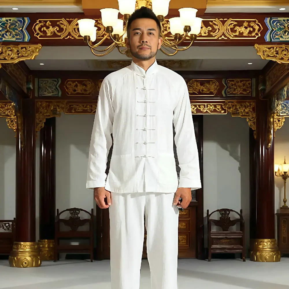 طقم بدلة تانغ للرجال من Old Money مصنوع من القطن والكتان باللون الأبيض والرمادي والأسود من Zen Twinset مريح مناسب للعرقية وحديثة مكون من قطعتين ملابس 2025 #3