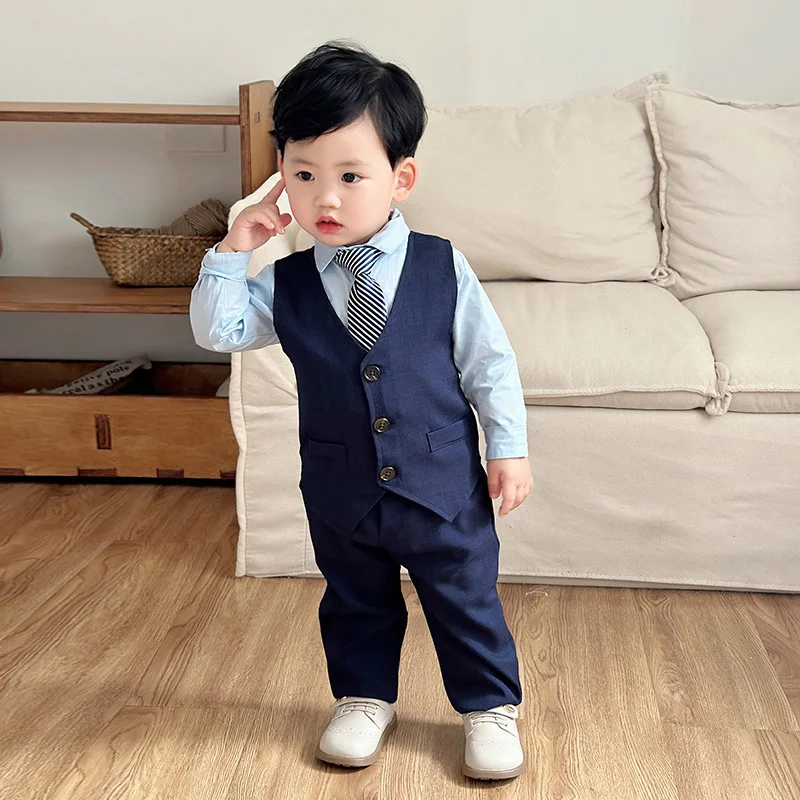 Boys Suit 2026 Spring and Autumn New Childrens Wear Boys Baby Gentleman Waistcoat Shirt Trousers British Style Three-piece Set