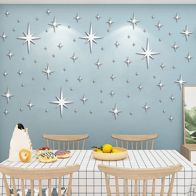 42 Pcs Acrylic Removable Mirror Wall Stickers With 3D Stars Suitable For Home Bedroom Living Room Children's Room Decoration