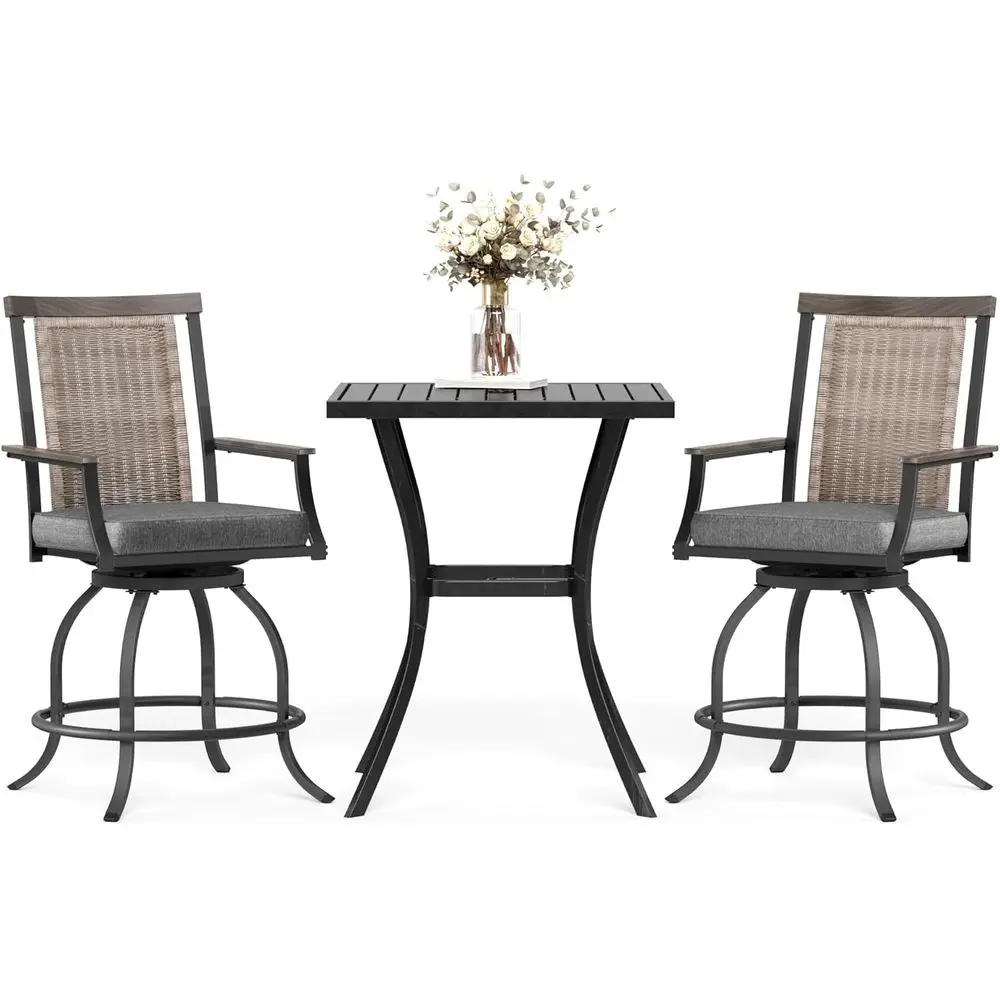 

Outdoor 3-Piece Patio Bar Set: High Top Table with 2 Swivel Wicker Chairs