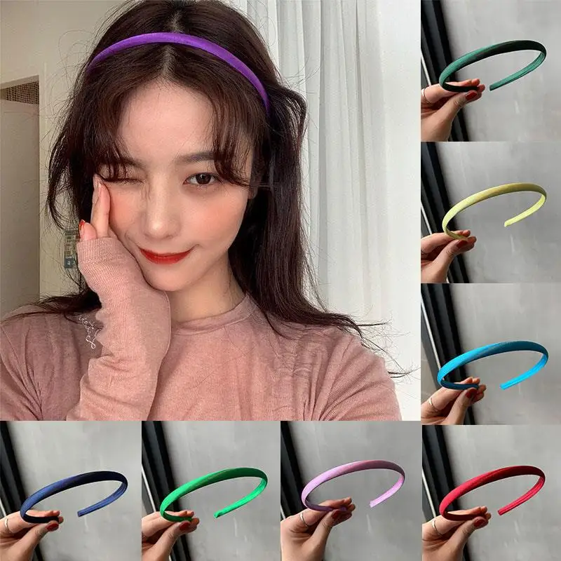 

Сплошные цветные повязки для волос, модный головной убор, обруч с атласным покрытием, мягкие повязки на голову, нескользящие резинки для волос, модный декор, тонкий обруч для волос