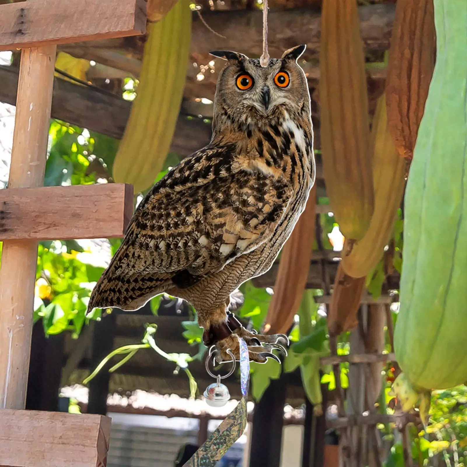 Owl Birdrepelling 2D Realistic Bell Fake Bird Scarecrow Scarer Pendant for Patio Balcony Garden Yard Lawn Farm Outdoor Backyard