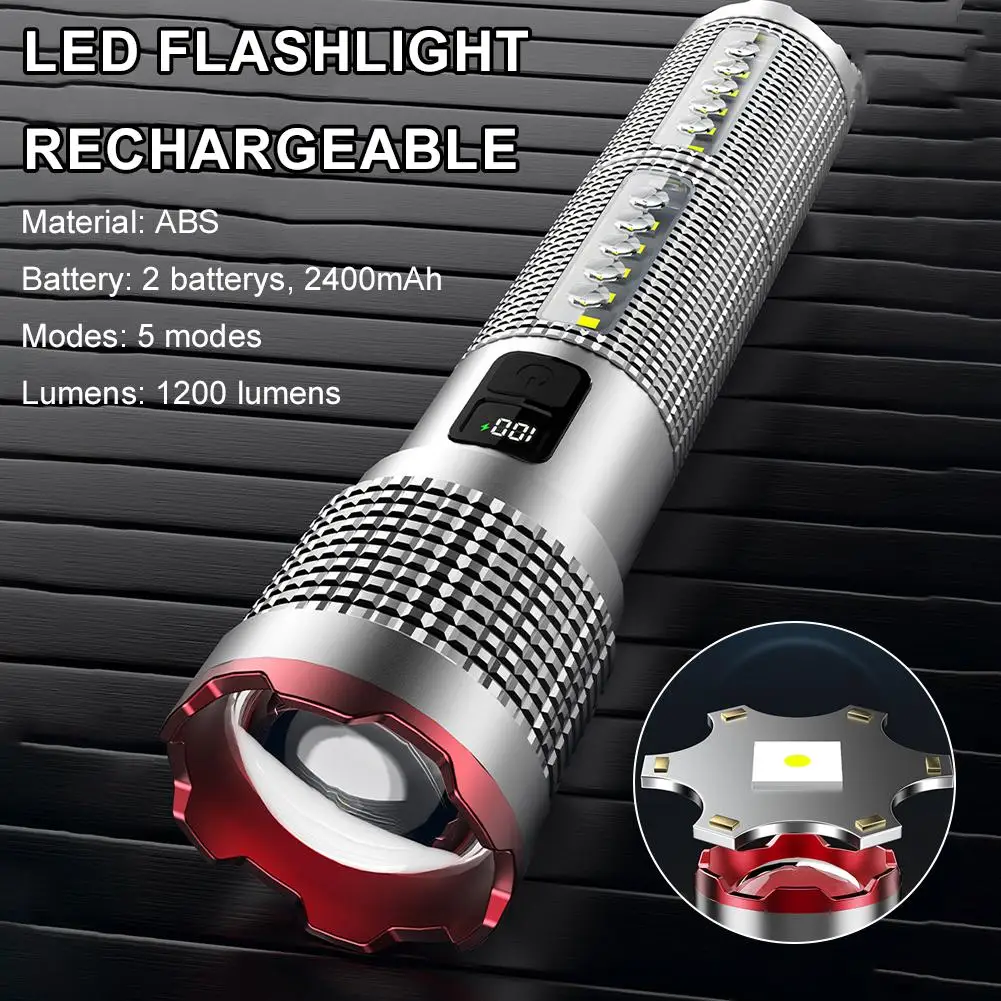 1pc Handheld Type-C Rechargeable LED Flashlight Waterproof Side Light Work Camp Light Aluminum Alloy Powerful Headlamp Emergency