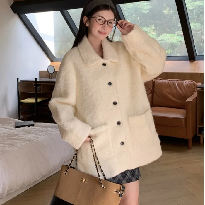 

Женское шикарное шерстяное пальто в стиле ретро, однотонное свободное пальто с хлопковой подкладкой двойного цвета, универсальное, удобное пальто небольшого размера