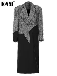 [EAM] Women Gray Color-block Tassels Big Size Long Blazer New Lapel Long Sleeve Jacket Fashion Tide Spring Autumn 2024 7AB1820