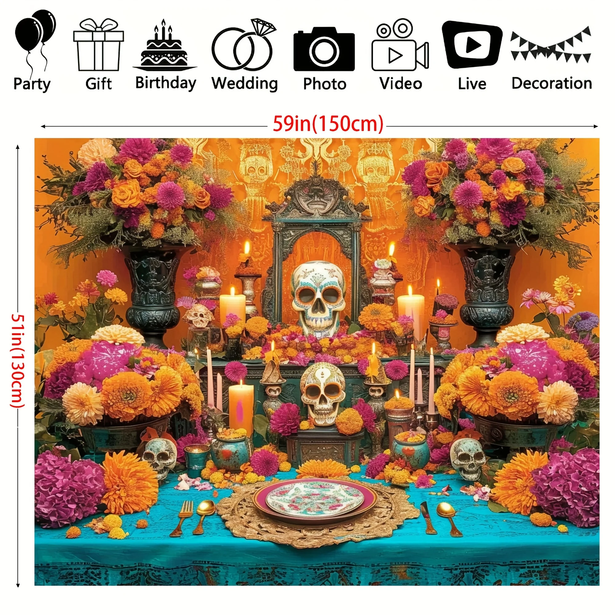 Vibrant Day of the Dead Altar Backdrop-Polyester, Multipurpose, Reusable, and Durable -Perfect for Mexican Fiesta, Cinco De Mayo