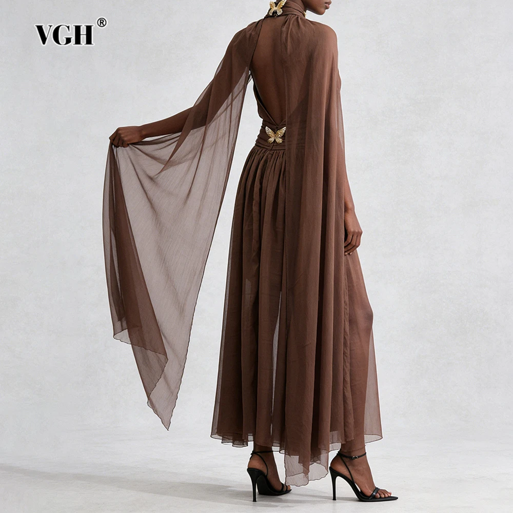 

Элегантные однотонные удобные драпированные платья VGH для женщин, платье с воротником-стойкой и длинными рукавами, весеннее платье в модном стиле для женщин
