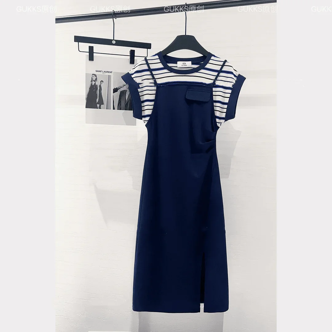 

Fake two-piece striped dress female summer new luxury high sense simple fashion waist slim temperament split long skirt.