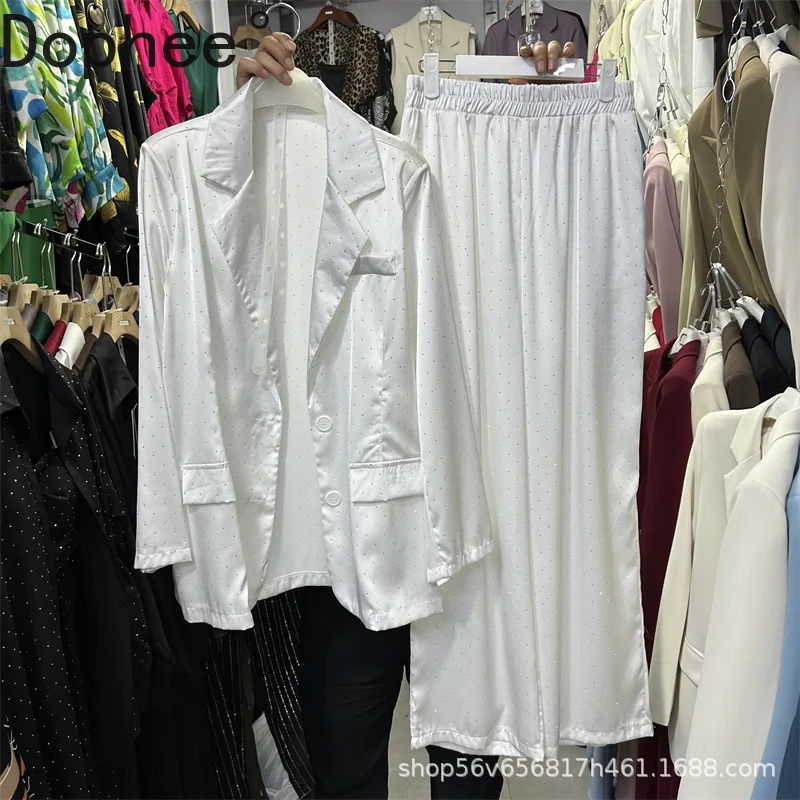 

Full Diamonds Hot Drilling Lady Two-piece Set Vertical Stripes Loose Long Sleeve Suit Jacket Coat + Elastic Waist Straight Pants