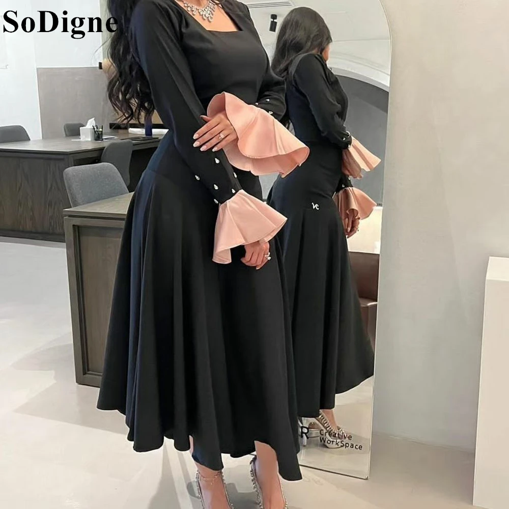 

SoDigne Black Evening Gowns Square Neck Long Ruffles Sleeves Beading Tea Length Party Dress 2024 Elegant Prom Dresses for Women