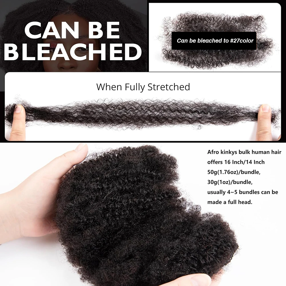 Afro Kinkys Bulk Human Hair for Dreadlock Extensions Loc Repair Braiding Twist Tight Afro Kinky Human Hair for Loc 1Packs 50/30g