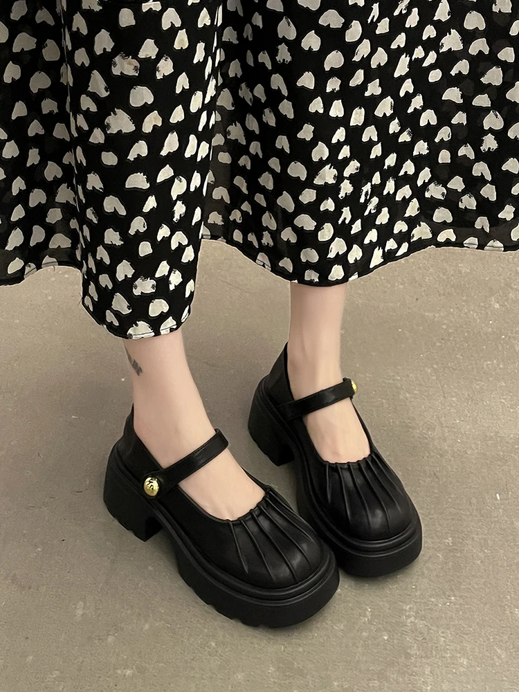 Women's Shoes Fashion Pleated Mary Shoes Spring and Autumn 2023 New Thick Soled Leather Shoes Slip-on Shoe