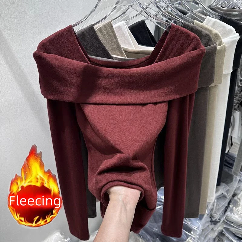 Autumn Winter Fleece Square Neck T-shirt&Blouses Elegant Solid Office Lady Long Sleeve Top Chic Sexy Sweet Casual Women Clothing